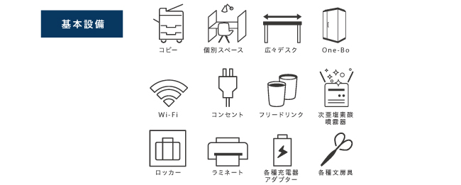 基本設備として、個別スペース、MTBOX席、One-Bo、Wi-Fi、フリードリンク、コピー、ロッカー、各種文房具、コンセント、各種充電器アダプター、次亜塩素酸噴霧器がご利用になれます。