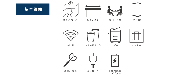 基本設備として、個別スペース、MTBOX席、One-Bo、Wi-Fi、フリードリンク、コピー、ロッカー、各種文房具、コンセント、各種充電器アダプターがご利用になれます。