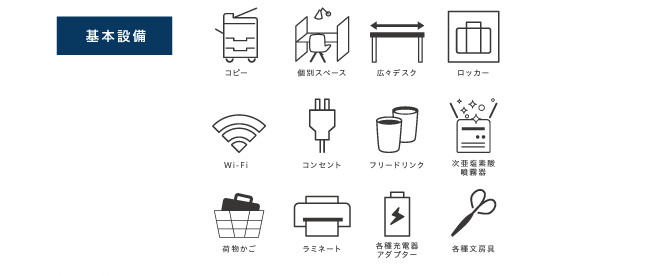 基本設備として、コピー機、個別スペース、広々デスク、ロッカー、Wi-Fi、コンセント、フリードリンク、次亜塩素酸噴霧器、荷物かご、ラミネート、各種充電器アダプター、各種文房具がご利用になれます。